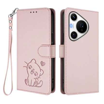 Embossed Heart Cat Leather Phone Case with Hand Strap, For Huawei Pura 70 Pro / Pura 70 Pro+, For Huawei Pura 70 Ultra
