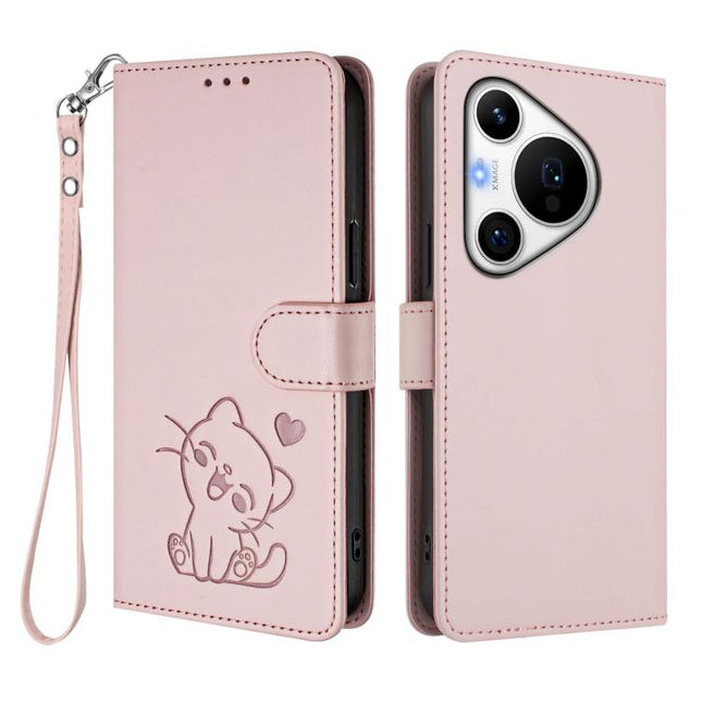 Embossed Heart Cat Leather Phone Case with Hand Strap, For Huawei Pura 70 Pro / Pura 70 Pro+, For Huawei Pura 70 Ultra