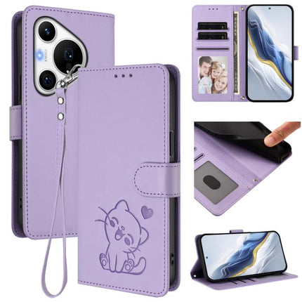 Embossed Heart Cat Leather Phone Case with Hand Strap, For Huawei Pura 70 Pro / Pura 70 Pro+, For Huawei Pura 70 Ultra