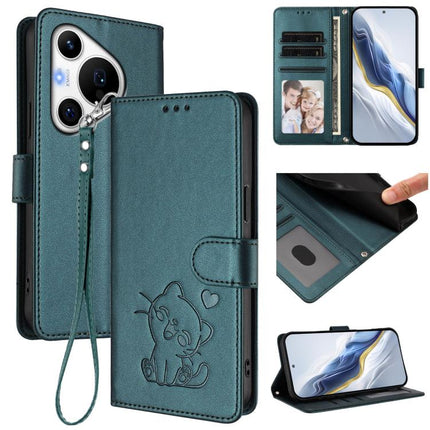 Embossed Heart Cat Leather Phone Case with Hand Strap, For Huawei Pura 70 Pro / Pura 70 Pro+, For Huawei Pura 70 Ultra