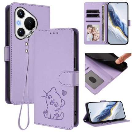 Embossed Heart Cat Leather Phone Case with Hand Strap, For Huawei nova 12s / nova 12 Lite / nova 11, For Huawei Pura 70