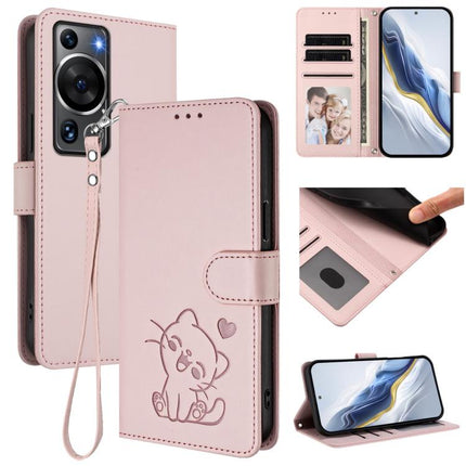 Embossed Heart Cat Leather Phone Case with Hand Strap, For Huawei P60 / P60 Pro, For Huawei Enjoy 50 Pro / nova Y90