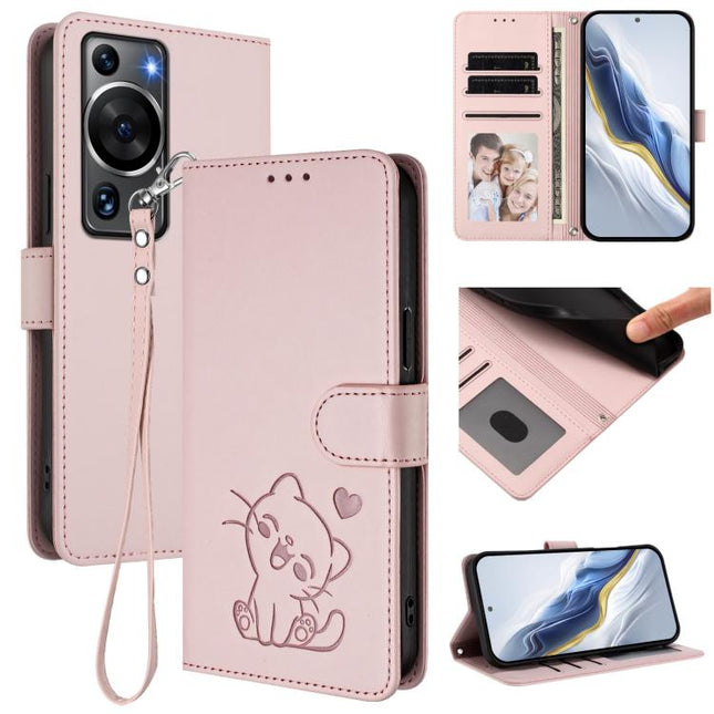 Embossed Heart Cat Leather Phone Case with Hand Strap, For Huawei P60 / P60 Pro, For Huawei Enjoy 50 Pro / nova Y90