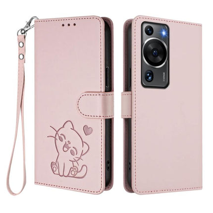 Embossed Heart Cat Leather Phone Case with Hand Strap, For Huawei P60 / P60 Pro, For Huawei Enjoy 50 Pro / nova Y90