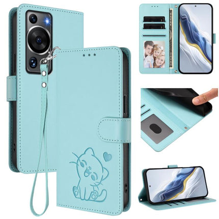 Embossed Heart Cat Leather Phone Case with Hand Strap, For Huawei P60 / P60 Pro, For Huawei Enjoy 50 Pro / nova Y90