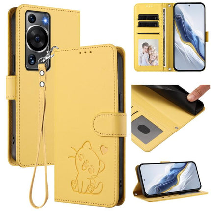 Embossed Heart Cat Leather Phone Case with Hand Strap, For Huawei P60 / P60 Pro, For Huawei Enjoy 50 Pro / nova Y90