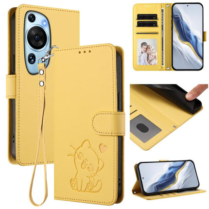 Embossed Heart Cat Leather Phone Case with Hand Strap, For Huawei Enjoy 50 / Enjoy 60 / nova Y70, For Huawei P60 Art