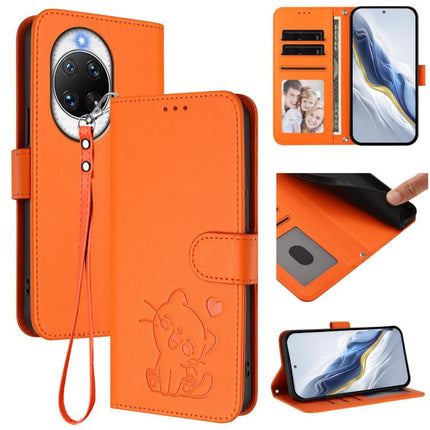 Embossed Heart Cat Leather Phone Case with Hand Strap, For Huawei Enjoy 80s, For Huawei nova 14 Ultra