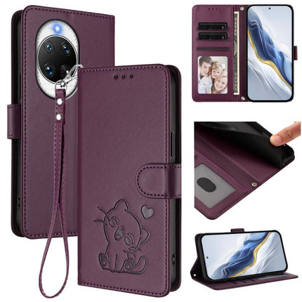 Embossed Heart Cat Leather Phone Case with Hand Strap, For Huawei Enjoy 80s, For Huawei nova 14 Ultra