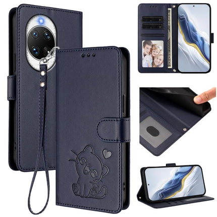 Embossed Heart Cat Leather Phone Case with Hand Strap, For Huawei Enjoy 80s, For Huawei nova 14 Ultra