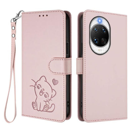 Embossed Heart Cat Leather Phone Case with Hand Strap, For Huawei nova 14 Pro, For Huawei nova 14
