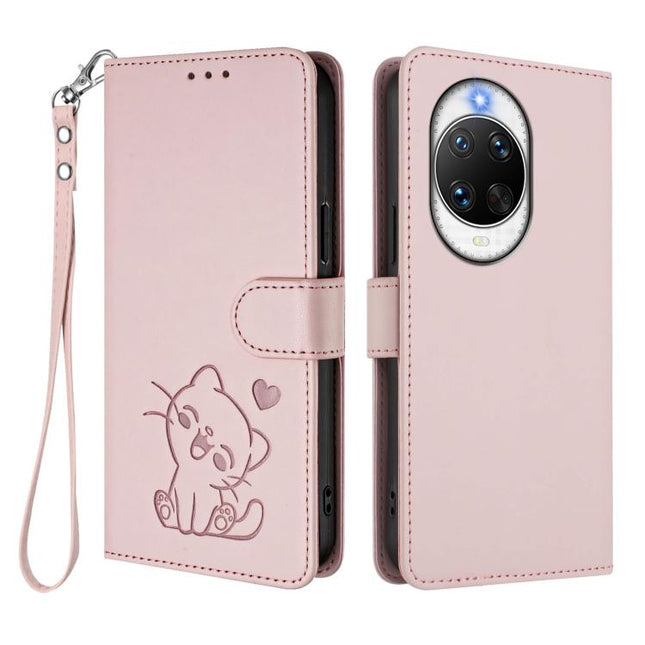 Embossed Heart Cat Leather Phone Case with Hand Strap, For Huawei nova 14 Pro, For Huawei nova 14