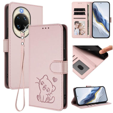 Embossed Heart Cat Leather Phone Case with Hand Strap, For Huawei nova 14 Pro, For Huawei nova 14