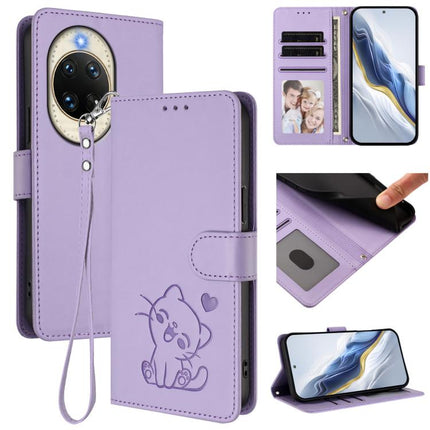 Embossed Heart Cat Leather Phone Case with Hand Strap, For Huawei nova 14 Pro, For Huawei nova 14