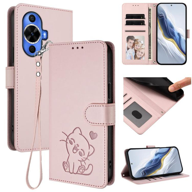 Embossed Heart Cat Leather Phone Case with Hand Strap, For Huawei nova 12s / nova 12 Lite / nova 11, For Huawei Pura 70