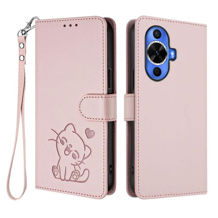 Embossed Heart Cat Leather Phone Case with Hand Strap, For Huawei nova 12s / nova 12 Lite / nova 11, For Huawei Pura 70