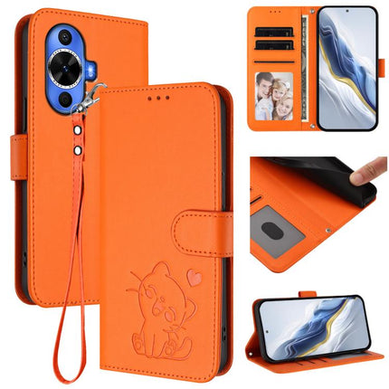 Embossed Heart Cat Leather Phone Case with Hand Strap, For Huawei nova 12s / nova 12 Lite / nova 11, For Huawei Pura 70