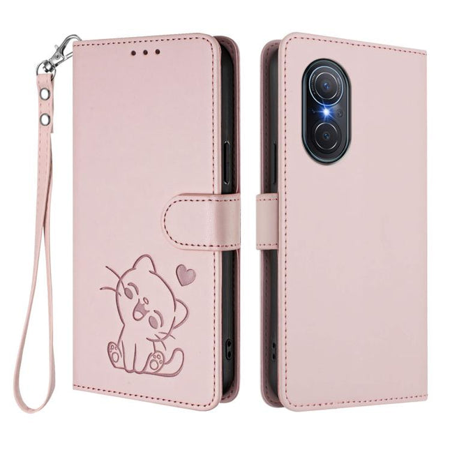 Embossed Heart Cat Leather Phone Case with Hand Strap, For Huawei nova 9 SE