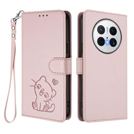 Embossed Heart Cat Leather Phone Case with Hand Strap, For Huawei Mate 70 Pro, For Huawei Mate 70