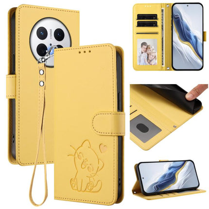 Embossed Heart Cat Leather Phone Case with Hand Strap, For Huawei Mate 70 Pro, For Huawei Mate 70