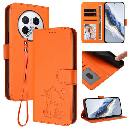 Embossed Heart Cat Leather Phone Case with Hand Strap, For Huawei Mate 70 Pro, For Huawei Mate 70