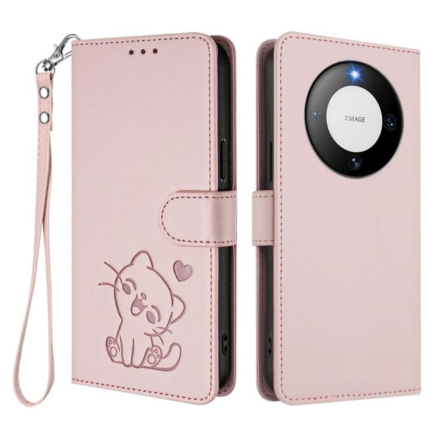 Embossed Heart Cat Leather Phone Case with Hand Strap, For Huawei Mate 60 Pro / Mate 60 Pro+, For Huawei Mate 60