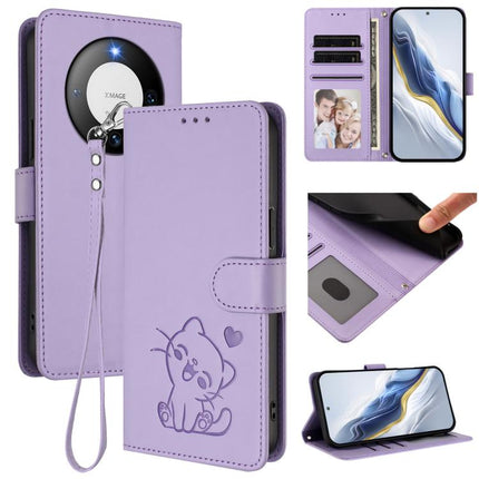Embossed Heart Cat Leather Phone Case with Hand Strap, For Huawei Mate 60 Pro / Mate 60 Pro+, For Huawei Mate 60
