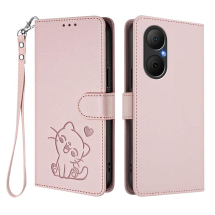 Embossed Heart Cat Leather Phone Case with Hand Strap, For Huawei Enjoy 80 / Nova Y73, For Huawei nova 13i / nova 12i Global