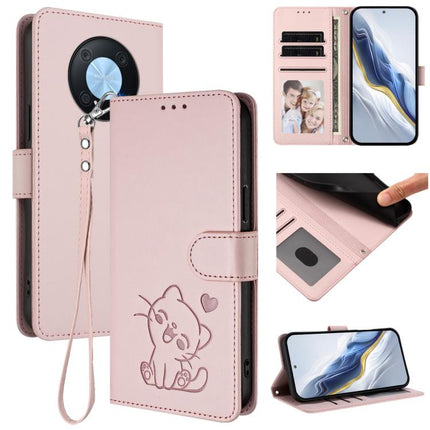 Embossed Heart Cat Leather Phone Case with Hand Strap, For Huawei P60 / P60 Pro, For Huawei Enjoy 50 Pro / nova Y90