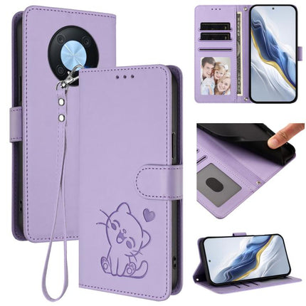 Embossed Heart Cat Leather Phone Case with Hand Strap, For Huawei P60 / P60 Pro, For Huawei Enjoy 50 Pro / nova Y90