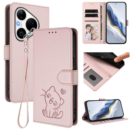 Embossed Heart Cat Leather Phone Case with Hand Strap, For Huawei Pura 90 Pro Max 5G, For Huawei Pura 90 Pro 5G