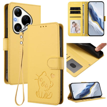 Embossed Heart Cat Leather Phone Case with Hand Strap, For Huawei Pura 90 Pro Max 5G, For Huawei Pura 90 Pro 5G