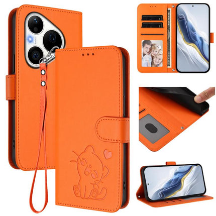 Embossed Heart Cat Leather Phone Case with Hand Strap, For Huawei Pura 90 Pro Max 5G, For Huawei Pura 90 Pro 5G