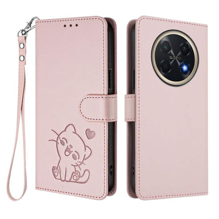 Embossed Heart Cat Leather Phone Case with Hand Strap, For Huawei Pura 90 Pro Max 5G, For Huawei Pura 90 Pro 5G