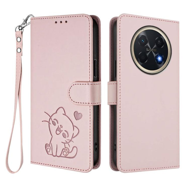 Embossed Heart Cat Leather Phone Case with Hand Strap, For Huawei Pura 90 Pro Max 5G, For Huawei Pura 90 Pro 5G