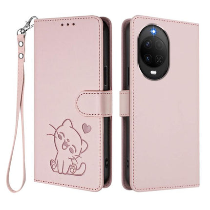 Embossed Heart Cat Leather Phone Case with Hand Strap, For Huawei nova 15 / nova 16z, For Huawei nova 16