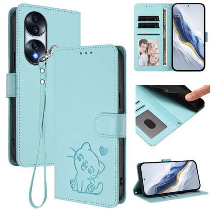 Embossed Heart Cat Leather Phone Case with Hand Strap, For Honor 70 Pro, For Honor 70