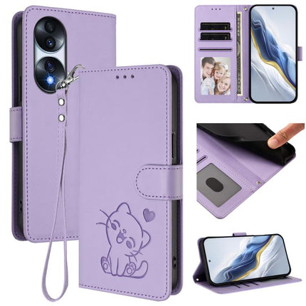 Embossed Heart Cat Leather Phone Case with Hand Strap, For Honor 70 Pro, For Honor 70