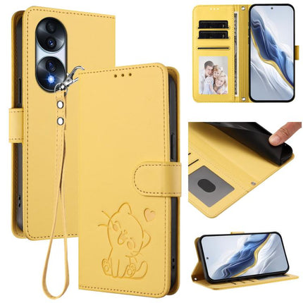 Embossed Heart Cat Leather Phone Case with Hand Strap, For Honor 70 Pro, For Honor 70