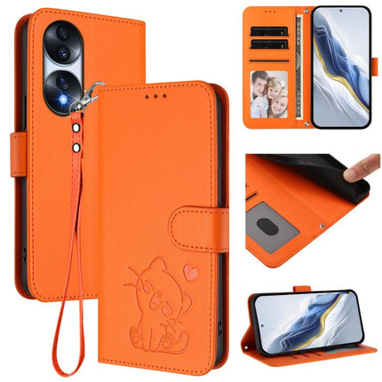 Embossed Heart Cat Leather Phone Case with Hand Strap, For Honor 70 Pro, For Honor 70