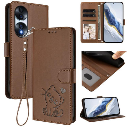 Embossed Heart Cat Leather Phone Case with Hand Strap, For Honor 70 Pro, For Honor 70