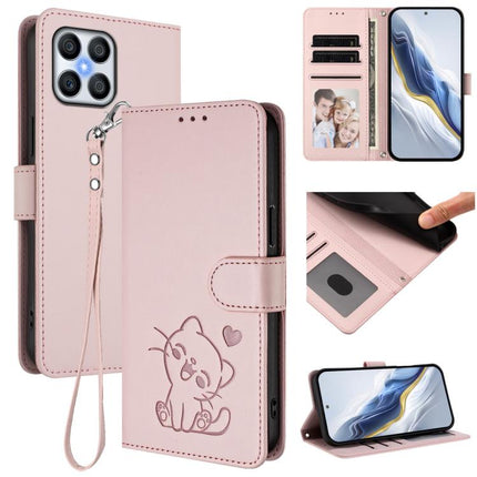 Embossed Heart Cat Leather Phone Case with Hand Strap, For Honor 200 Smart / Play 9T 5G / X7C 4G, For Honor 70 Lite / X8 5G / X6 4G / X6s