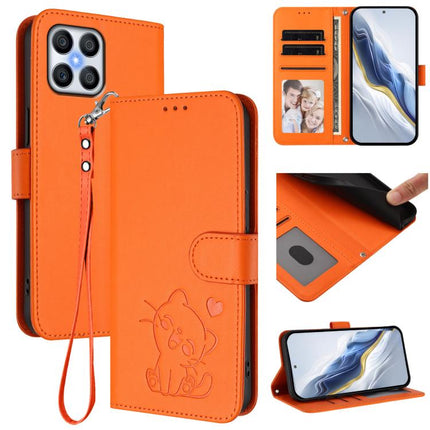 Embossed Heart Cat Leather Phone Case with Hand Strap, For Honor 200 Smart / Play 9T 5G / X7C 4G, For Honor 70 Lite / X8 5G / X6 4G / X6s