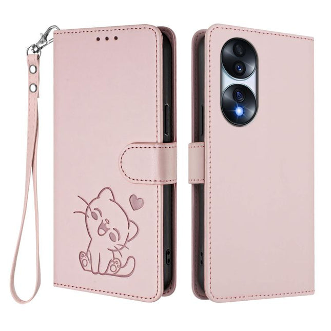 Embossed Heart Cat Leather Phone Case with Hand Strap, For Honor 70 Pro, For Honor 70