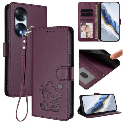 Embossed Heart Cat Leather Phone Case with Hand Strap, For Honor 70 Pro, For Honor 70