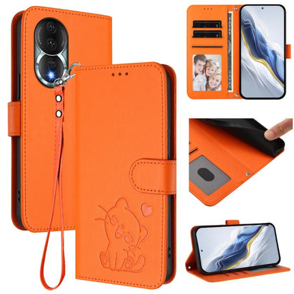 Embossed Heart Cat Leather Phone Case with Hand Strap, For Honor 80 GT, For Honor 80
