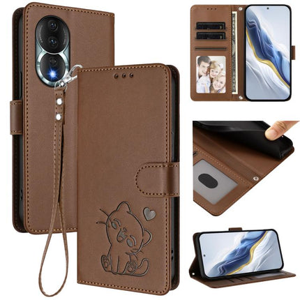 Embossed Heart Cat Leather Phone Case with Hand Strap, For Honor 80 GT, For Honor 80