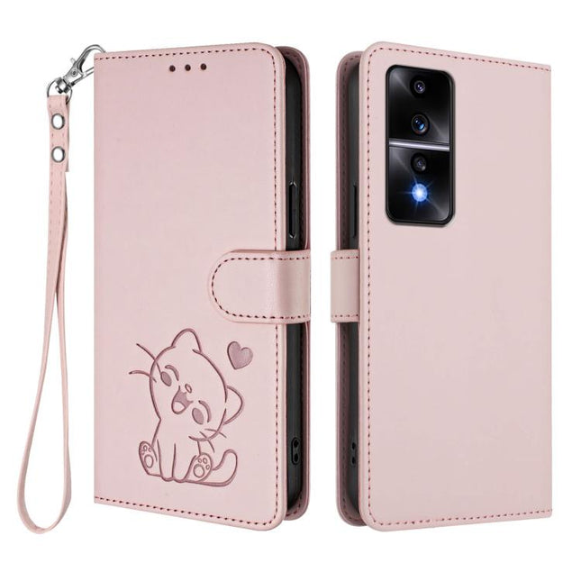 Embossed Heart Cat Leather Phone Case with Hand Strap, For Honor 80 GT, For Honor 80