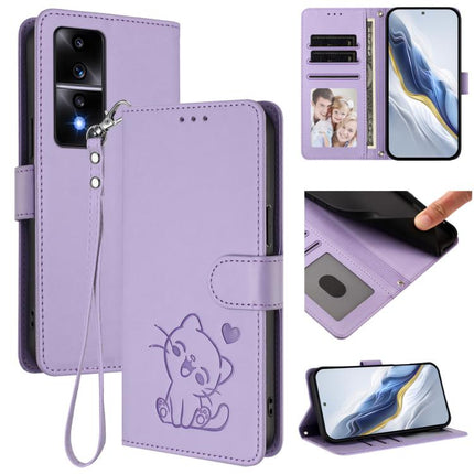 Embossed Heart Cat Leather Phone Case with Hand Strap, For Honor 80 GT, For Honor 80