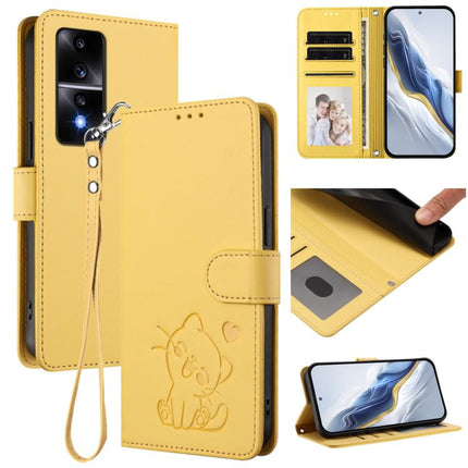 Embossed Heart Cat Leather Phone Case with Hand Strap, For Honor 80 GT, For Honor 80